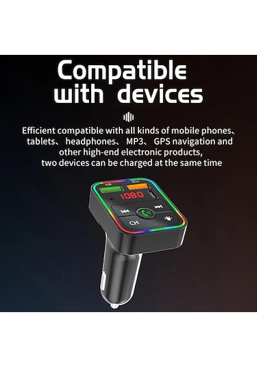 Pdf2 Ortam Işığı İle Hızlı Şarj Cihazı Fm Verici Bluetooth Eller Serbest Arama Mp3 Çalar