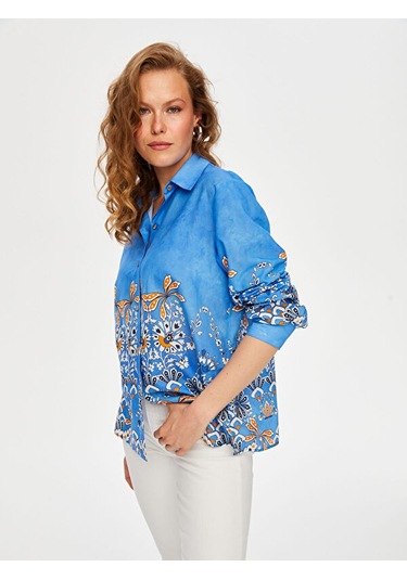 Eteği Etnik Desen Pamuk Vual Gömlek S25gml058 Us25gml05821 Mavi