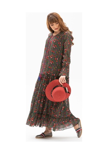 Uzun Kol Vual Gonca Uzun Elbise Tomurcuk Desen Yeşil 6170-yeşil