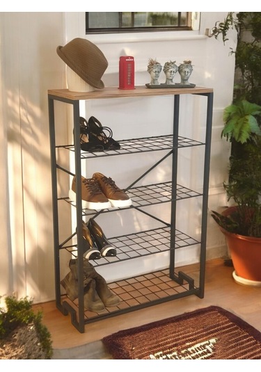 5 Metal Raflı Ahşap Tablalı Dresuar Salon Sehpa Ve Ayakkabılık Siyah