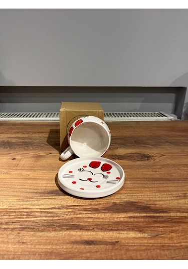 Kedi Desenli Tabaklı Seramik Kupa, Mug, Double T. Kahvesi Filtre