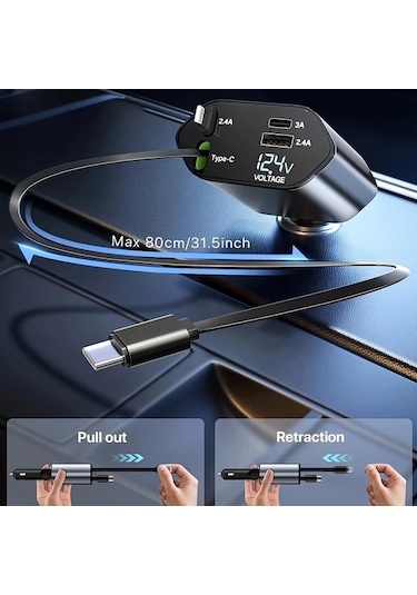 Honeybeeshop Type C Ve Ios İçin Metal Stil 66w Hızlı Araç Şarj Cihazı Teleskopik Kablolu 2 Usb Portlu İphone Samsung Xiaomi Uyumlu