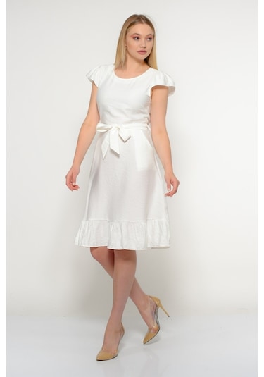 Kadın Omuz Detaylı Büzgülü Diz Boy Yazlık Elbise 3886/100 001