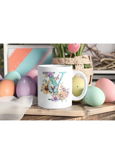 Y Harfi Çiçekli Kupa Bardak - Soft Renk Çiçek Ve Kelebek Desenli Zarif Kahve Kupası - Bohem Beyaz