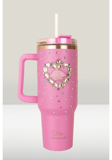 Pipetli 1,2 Litre Kulplu Çelik Termos Renkli Üzeri Taş İşlemeli - Pembe Pembe