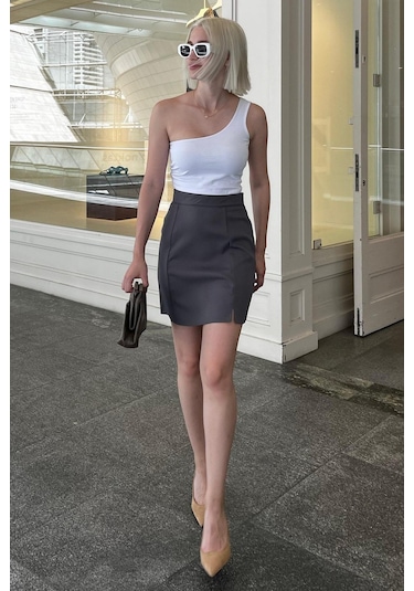 Madmext Füme Yüksek Bel Önden Yırtmaçlı Kısa Etek Mg2086 Füme