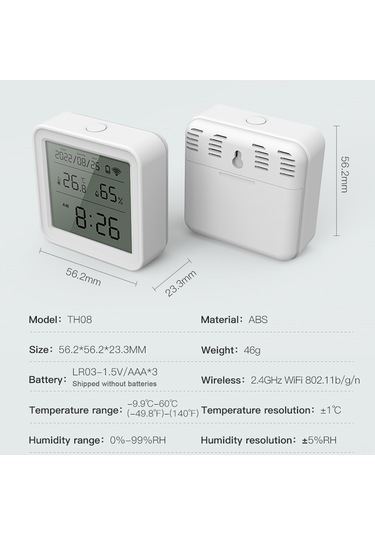 Leezsing Tuya Wifi Isı Ve Nem Sensörü, Akıllı Uygulama Kontrolü, Alexa/google Home Uyumlu, Veri Kaydı, Alarm Fonksiyonu, Geri Aydınlatma Th08