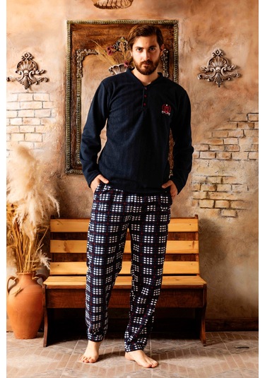 Nisanca 3 Renk Kışlık Erkek Polar Pijama Takımı Lacivert