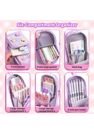 Mufunye Büyük Kapasiteli Kawaii Mor Kalem Kutusu - Sevimli 3 Bölmeli Kırtasiye Düzenleyici Mor