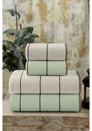 Yeşil Valona 50 x 85 – 70 x140 Cm 4'Lü Banyo Havlu Seti Krem-Yeşil