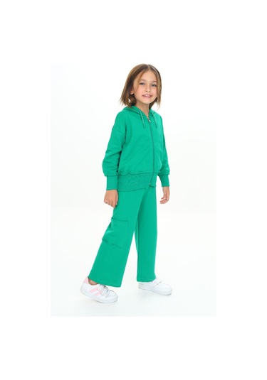 Toontoy Kız Çocuk Kapüşonlu Fermuarlı Fırfır Detaylı Eşofman Takım Çimen Yeşili