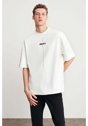 Grimelange Project Erkek Baskı Detaylı Oversize Fit %100 Organik Pamuk Örme Bisiklet Yaka Örme Beyaz T-shirt