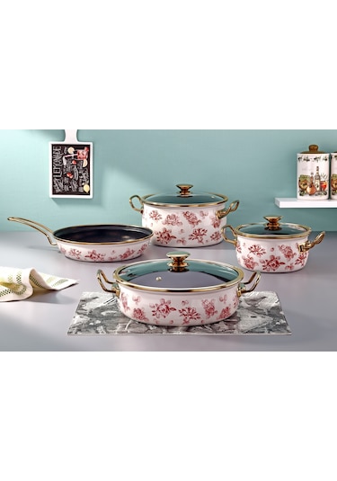 Bonera Lilium 7 Parça Pembe Gül Desenli Emaye Tencere & Tava Seti