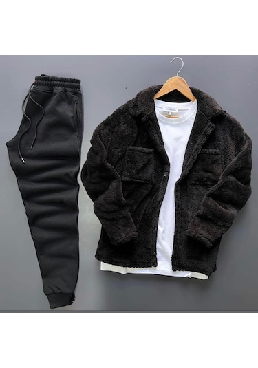 Unisex Siyah Peluş Polar Hırka Gömlek Siyah Eşofman Altı Takım Siyah