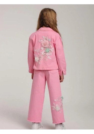 Kız Çocuk Cepli Tül Çiçekli Kot Ceket-15582 Pembe