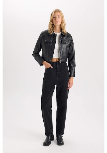 DeFacto Su İtici Suni Deri Mont Polo Yaka Cepli Fermuarlı Çıtçıtlı D5774AX25SPBK27 Siyah