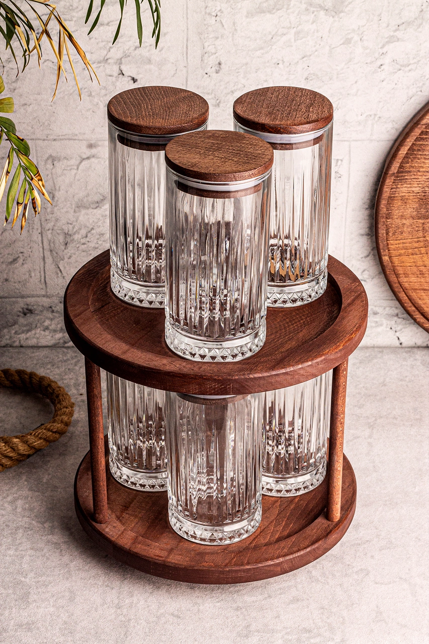 Tomira - 7 Parça Ahşap Döner Standlı Vakumlu Kapaklı Cam Saklama Kabı Baharatlık Seti 450 Ml Ahşap