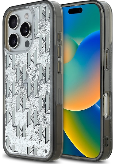 Apple Uyumlu iPhone 16 Pro Max Kılıf Karl Lagerfeld Lisanslı Simli Kl Yazılı Monogram Gradient Kapak Siyah