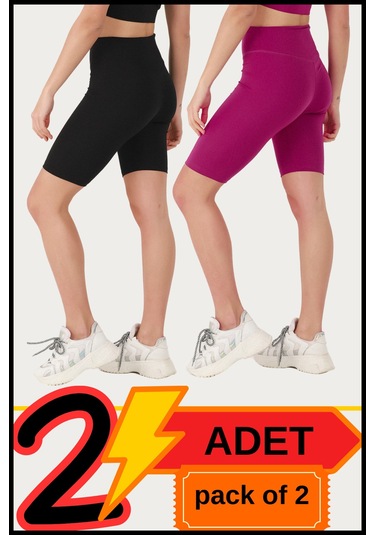 Kadın Yüksek Bel Toparlayıcı Kısa Siyah &mürdüm Şort Tayt 2'li Paket Lycralı Biker Shorts 21077 Siyah - Mürdüm