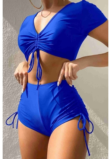 Angelsin Özel Tasarım Yarım Kol Büzgü Detaylı Bikini Üstü Mavi 001