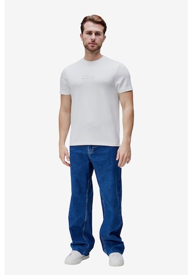 Ucla Canary Beyaz Bisiklet Yaka Gofre Baskılı Modal Kumaş Standard Fit Erkek Tshirt Siyah