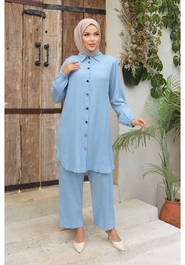 Büzgü Detaylı Tesettür Bebe Mavisi Takım Bebemavisi Bebek Mavisi