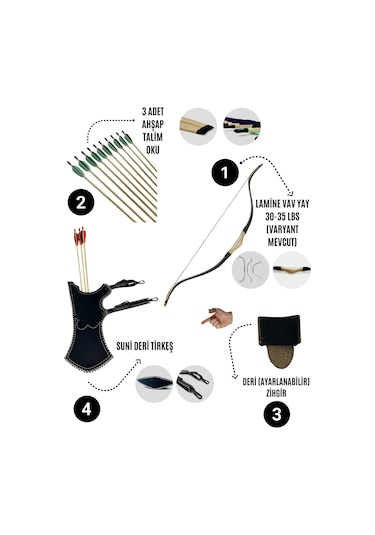 Geleneksel Okçuluk Lamine 'vav' Set- Vav Yay + 3 Ok + Zihgir + Tirkeş