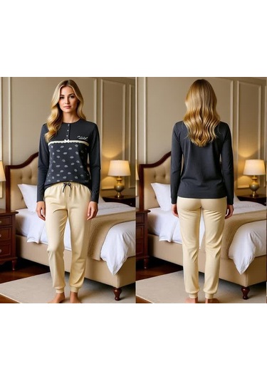 Kadın Pamuklu Gri Melanj Desenli Renk Pijama Takımı Al506-2 Gri