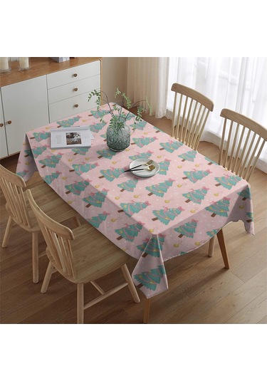 Noel Desenli Dikdörtgen Masa Örtüsü 60x84 İnç, Su Geçirmez Ve Leke Tutmaz Noel Ağacı Kurdele