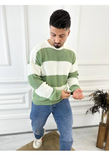 Kazak Oversize Tüylenmez Naturel Pamuk Örme Triko Kazak Haki - Yeşil