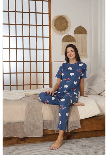 Kadın Yazlık Kısa Kol Penye Süprem Kumaş Pijama Takımı Mavi Kalpli