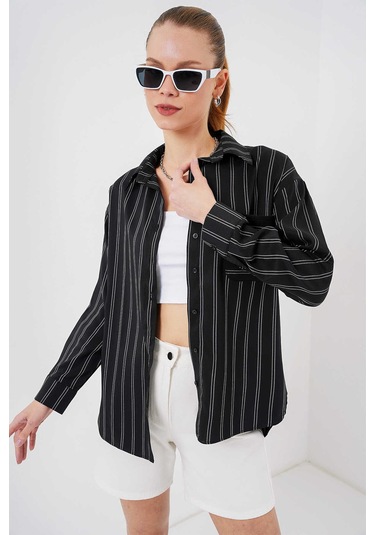 Gabria Çizgili Tek Cep Gömlek Siyah