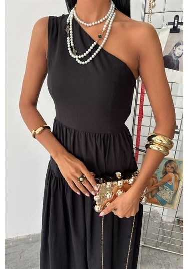 Tek Omuzlu Pile Detay Maxi Elbise 2895 S