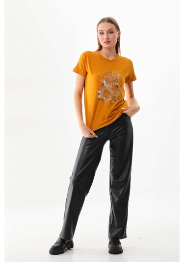 Sistas Kadın Yazı Detaylı Kısa Kol Pamuklu Bluz 23042 Safran