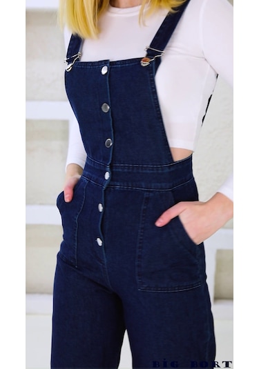 Önden Düğmeli Enzim Kot Kumaş Salopet & Tulum Mavi