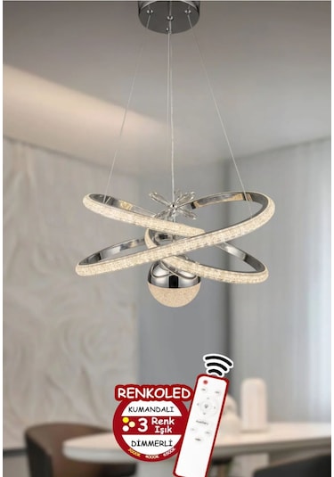 Kumandalı 3 Renk Işıklı Krom Kasa Modern Sarkıt Led Avize Krom Parlak Krom