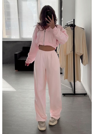 Pembe Geniş Paça Basic Kadın Eşofman Altı Mg2553 Pembe