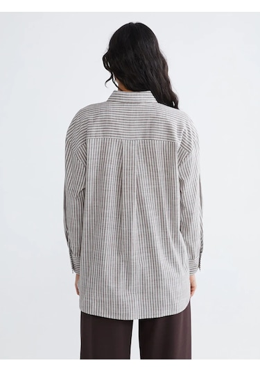 LC Waikiki Kahverengi Çizgili Oversize Poplin Kadın Gömlek Tunik