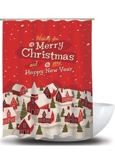 Kırmızı Ev Desenli Noël Düzenli 180x180cm Poliester Duş Perdesi - 12 Adet C Tipi Kanca, Su Geçirmez, Hızlı Kuruyan, Dayanıklı Kırmızı Kırmızı