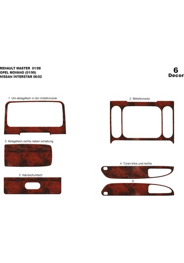 Renault Master Movano İnterstar Konsol-torpido Kaplama 1999-2003 6 Parça-maun Maun