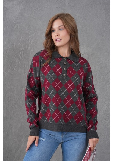 Kadın Polo Yaka Yarım Pat Düğme Detay Desenli Oversize Triko Kazak Antrasit