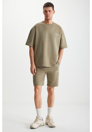 GRIMELANGE Colombıa Erkek 2'li Set Comfort Fit Rahat Kalıp Yazı Nakışlı Şardonsuz Haki Eşofman Takımı Haki