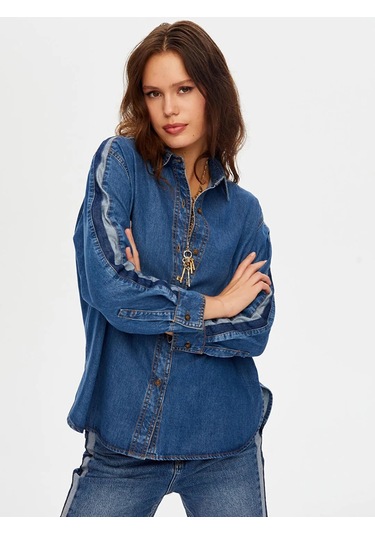 Faik Sönmez Kontrast Bant Detaylı Tenselli Kadın Jean Gömlek W26jgm001 İndigo