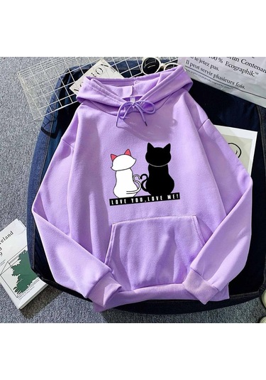 Mor 2024 Erkek Ve Kadın Sonbahar Ve Kış Çiftler Modası Artı Kadife Kapşonlu Bol Üst Mor