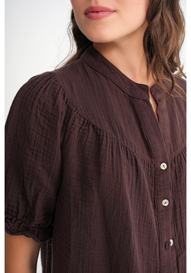 4725 Kadın Büzgü Robalı Kolu Fırfırlı Müslin Gömlek Kahve Kahve