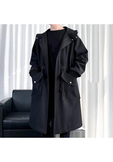 Erkekler Trençkot Kapşonlu Gevşek Orta Uzunlukta Büyük Cepler Uzun Kollu Rüzgar Geçirmez Düz Renk Fermuar Kapatma Kırışıklık Karşıtı Elastik Manşet Street... Siyah