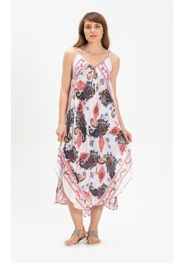 Askılı Vual Afrodit Midi Boy Elbise Beyaz 6144