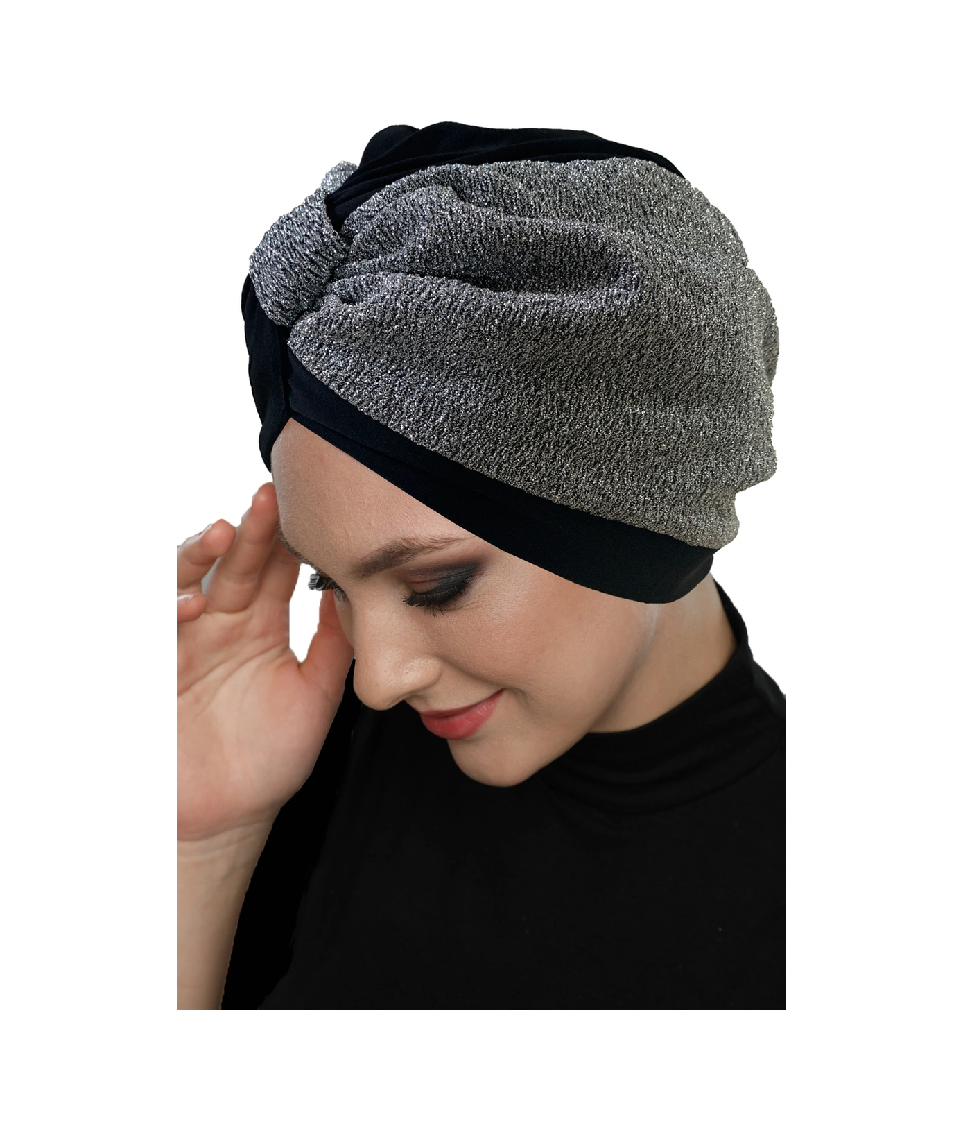 Özel Tasarım Siyah Gri Astarlı Hazır Türban Tesettür Abiye Bone Siyah-gri2