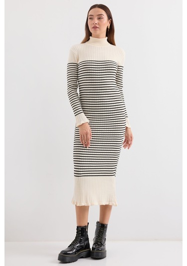 Bigdart 15893 Çizgili Uzun Triko Elbise - Ekru 001