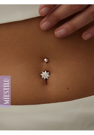 Miestilo 925 Ayar Gümüş Taşlı Göbek Piercingi, Çiçekli 162693885 Beyaz